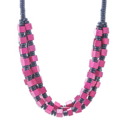 Wood beaded necklace, 'Pink Elegance Squared' - Pink and Black Boxwood Cube Beaded Necklace
