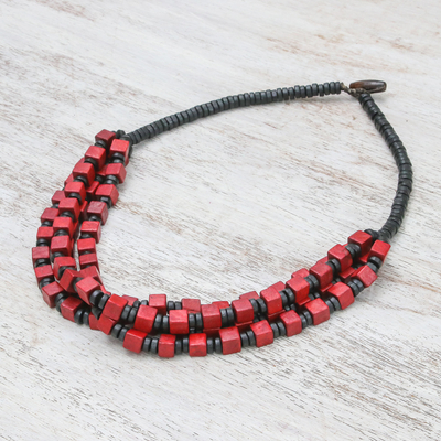 Wood beaded necklace, 'Red Elegance Squared' - Red and Black Boxwood Cube Beaded Torsade Necklace