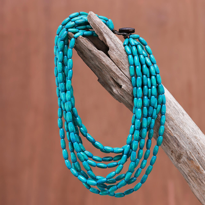 Wood beaded strand necklace, 'Cute Boho in Teal' - Wood Beaded Strand Necklace in Teal from Thailand