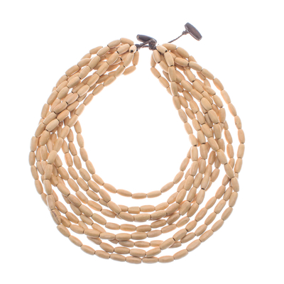 Wood Beaded Strand Necklace in Beige from Thailand