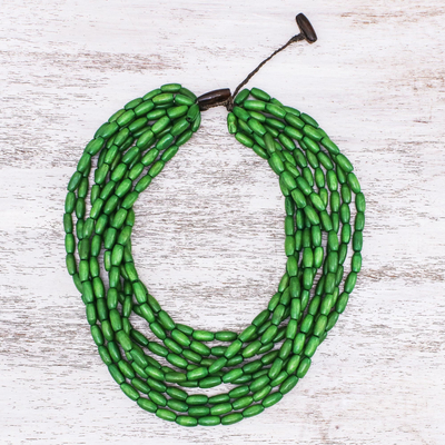 Wood beaded strand necklace, 'Cute Boho in Moss Green' - Wood Beaded Strand Necklace in Moss Green from Thailand