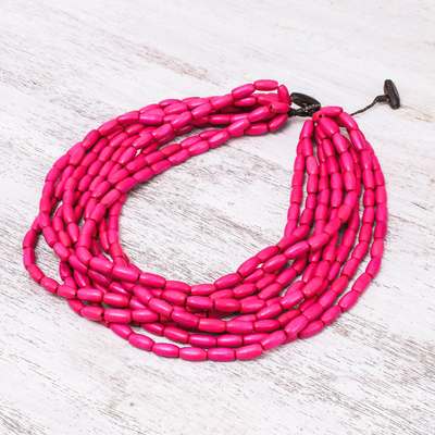 Wood beaded strand necklace, 'Cute Boho in Fuchsia' - Wood Beaded Strand Necklace in Fuchsia from Thailand
