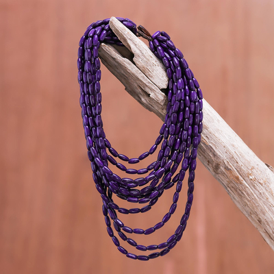 Wood beaded strand necklace, 'Cute Boho in Blue-Violet' - Wood Beaded Strand Necklace in Blue-Violet from Thailand