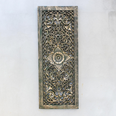Reliefplatte aus Holz - Grüne florale Reliefplatte aus Teakholz aus Thailand