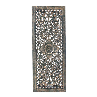 Wood relief panel, 'Imperial Blossom' - Green Floral Teak Wood Relief Panel from Thailand