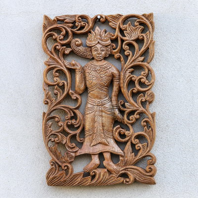 Wood relief panel, 'Angel Grace' - Hand Carved Wood Relief Panel of a Thai Deva Angel