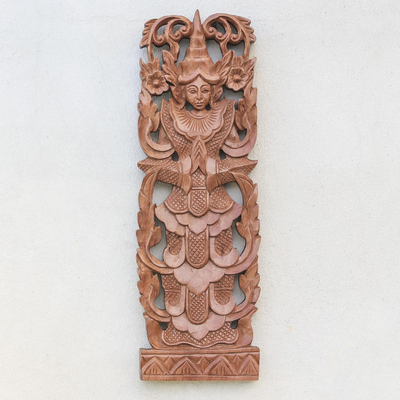 Panel en relieve de madera - Panel en relieve de madera de teca con temática de ángel de Tailandia