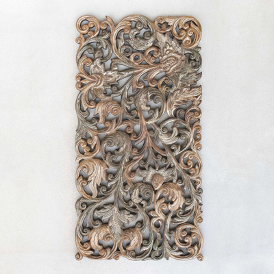 Wood relief panel, 'Divine Serpent' - Naga-Themed Antiqued Wood Relief Panel from Thailand