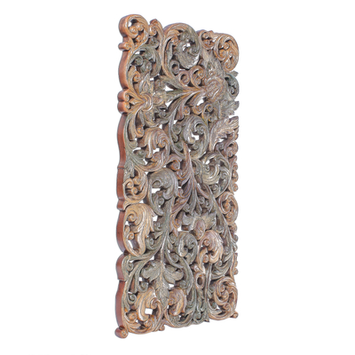 Wood relief panel, 'Divine Serpent' - Naga-Themed Antiqued Wood Relief Panel from Thailand