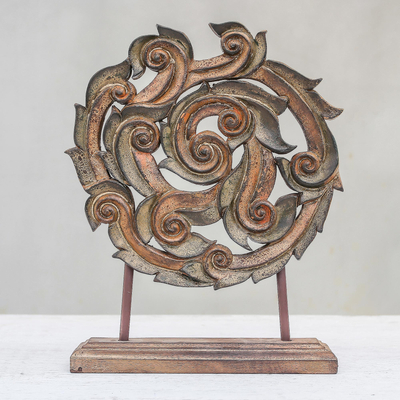 Teak wood sculpture, 'Wheel of Life' - Swirl Pattern Teak Wood Sculpture from Thailand
