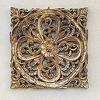 Antiqued Teak Wood Relief Panel Crafted in Thailand,'Flower Legend'