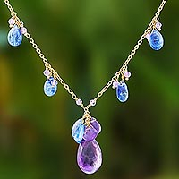 Gold plated amethyst and kyanite charm pendant necklace, 'Magical Dew' - Gold Plated Amethyst and Kyanite Charm Pendant Necklace