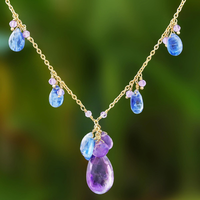 Gold plated amethyst and kyanite charm pendant necklace, Magical Dew