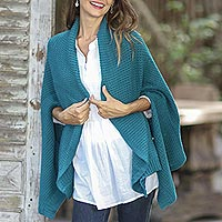 Cotton shawl, 'Chic Warmth in Teal' - Patterned Knit Cotton Shawl in Teal from Thailand