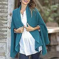 Ruana de algodón, 'Chic Warmth in Teal'