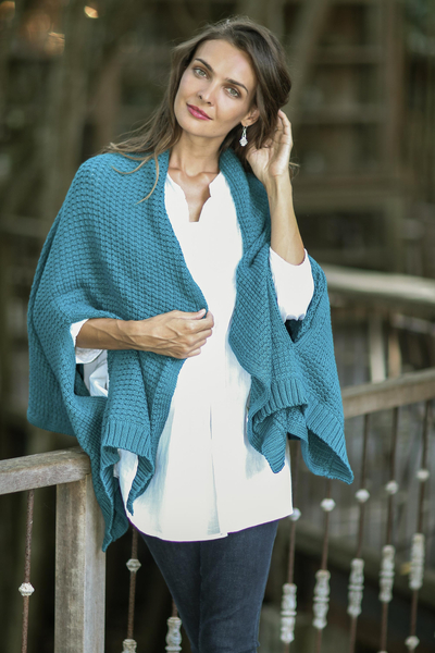 Cotton shawl, 'Chic Warmth in Teal' - Patterned Knit Cotton Shawl in Teal from Thailand