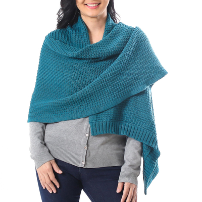 Cotton ruana, 'Chic Warmth in Teal' - Knit Cotton Ruana in Teal from Thailand