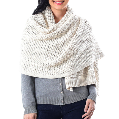 Cotton shawl, 'Chic Warmth in Eggshell' - Patterned Knit Cotton Shawl in Eggshell from Thailand