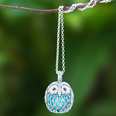 Sterling silver and onyx pendant necklace, 'Ringing Owl' - Owl-Themed Ringing Sterling Silver and Onyx Pendant Necklace