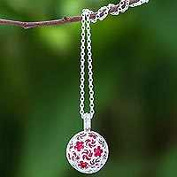 Sterling silver pendant necklace, 'Snowball' - Ringing Bell Sterling Silver Pendant Necklace in Red