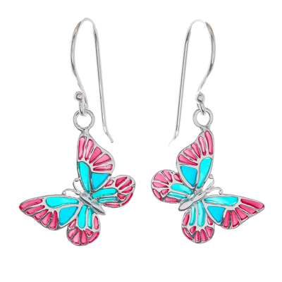 Sterling silver dangle earrings, 'Festive Butterflies' - Red and Blue Sterling Silver Butterfly Dangle Earrings