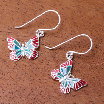 Sterling silver dangle earrings, 'Festive Butterflies' - Red and Blue Sterling Silver Butterfly Dangle Earrings