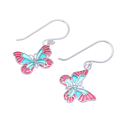 Ohrhänger aus Sterlingsilber - Rote und blaue Schmetterlings-Ohrringe aus Sterlingsilber