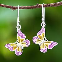 Sterling silver dangle earrings, 'Sweet Butterflies' - Pink and Yellow Sterling Silver Butterfly Dangle Earrings