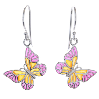 Ohrhänger aus Sterlingsilber - Rosa und gelbe Schmetterlings-Ohrhänger aus Sterlingsilber