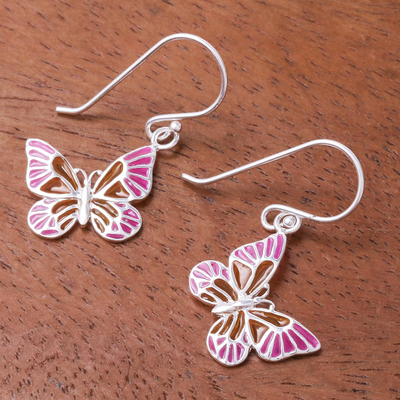 Sterling silver dangle earrings, 'Sweet Butterflies' - Pink and Yellow Sterling Silver Butterfly Dangle Earrings