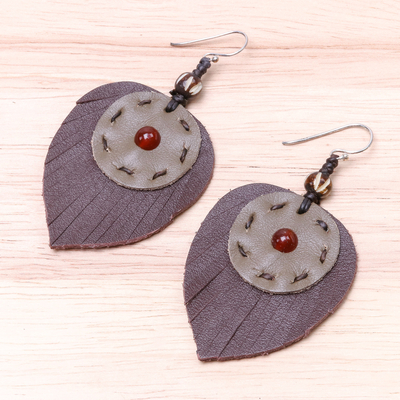 Carnelian and leather dangle earrings, 'Aurora Leaves' - Carnelian and Handcrafted Leather Dangle Earrings