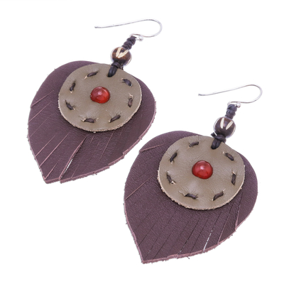 Carnelian and leather dangle earrings, 'Aurora Leaves' - Carnelian and Handcrafted Leather Dangle Earrings