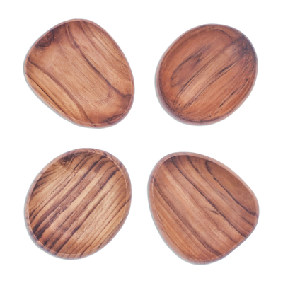 Teak wood appetizer plates, 'Dinner Melody' (set of 4) - Teak Wood Appetizer Plates from Thailand (Set of 4)