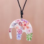 Ceramic pendant necklace, 'Delightful Daisies' - Floral Elephant Ceramic Pendant Necklace from Thailand