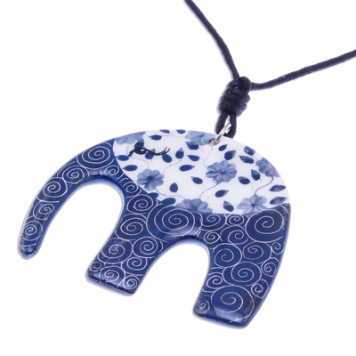 Blue and White Floral Elephant Ceramic Pendant Necklace