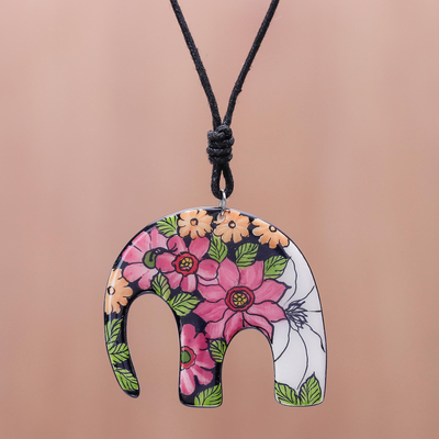 Collar colgante de cerámica - Collar con colgante de cerámica de elefante floral colorido
