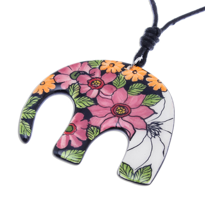 Colorful Floral Elephant Ceramic Pendant Necklace