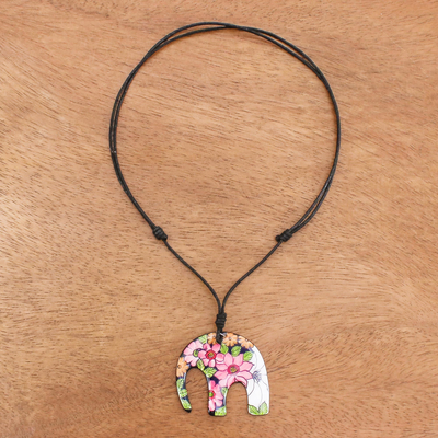 Ceramic pendant necklace, 'Garden Elephant' - Colorful Floral Elephant Ceramic Pendant Necklace