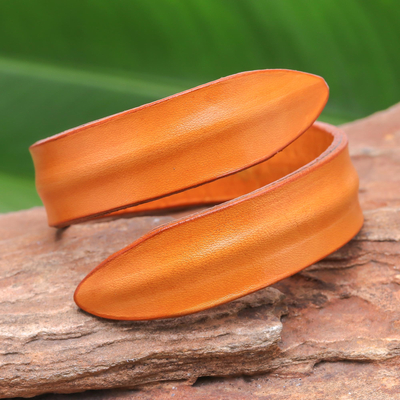 Leather wrap bracelet, 'Simple Caress in Orange' - Modern Leather Wrap Bracelet in Orange from Thailand