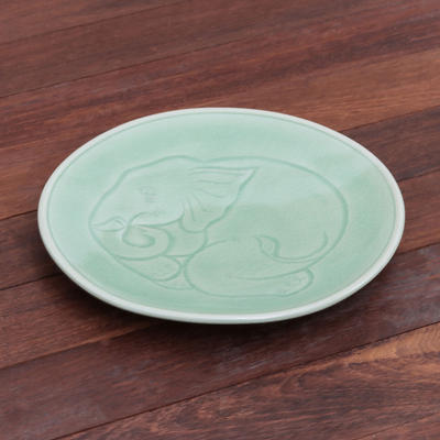 Celadon ceramic dinner plate, 'Sleeping Elephant' - Elephant Motif Handcrafted Thai Celadon Ceramic Dinner Plate
