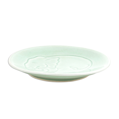 Celadon ceramic salad plate, 'Sleeping Elephant' - Elephant Motif Handcrafted Thai Celadon Ceramic Salad  Plate