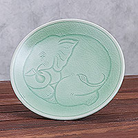 Celadon ceramic dessert plate, 'Sleeping Elephant' - Elephant Motif Handcrafted Thai Celadon Dessert Plate