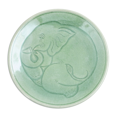 Plato de postre de cerámica celadón - Plato de postre de celadón tailandés hecho a mano con motivo de elefante