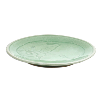 Celadon ceramic dessert plate, 'Sleeping Elephant' - Elephant Motif Handcrafted Thai Celadon Dessert Plate