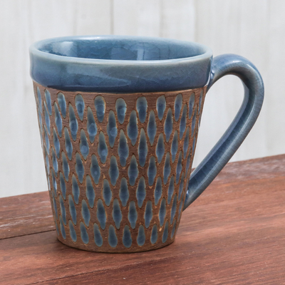 Taza de cerámica celadón - Taza de cerámica azul celadón incisa hecha a mano