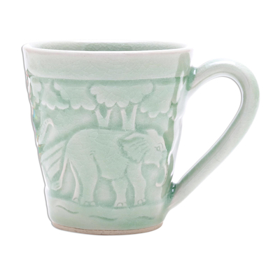 Celadon ceramic mug, 'Elephant Forest' - Elephant-Themed Celadon Ceramic Mug from Thailand