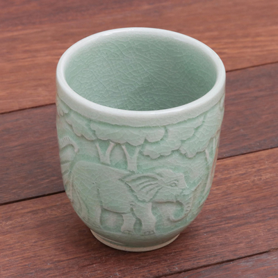 Celadon ceramic teacup, 'Elephant Forest' - Elephant-Themed Celadon Ceramic Teacup from Thailand