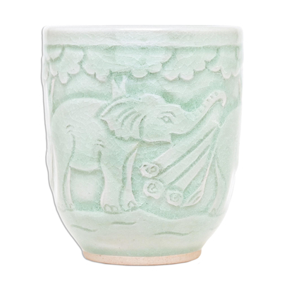 Celadon ceramic teacup, 'Elephant Forest' - Elephant-Themed Celadon Ceramic Teacup from Thailand