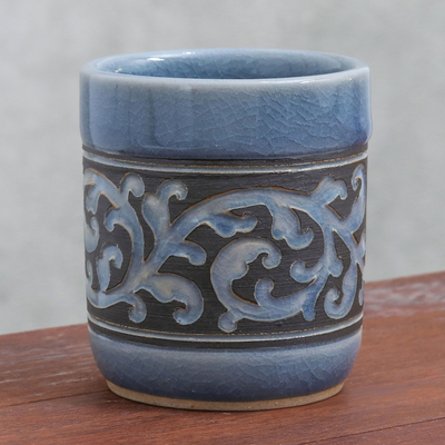 Celadon ceramic teacup, Blue Kanok