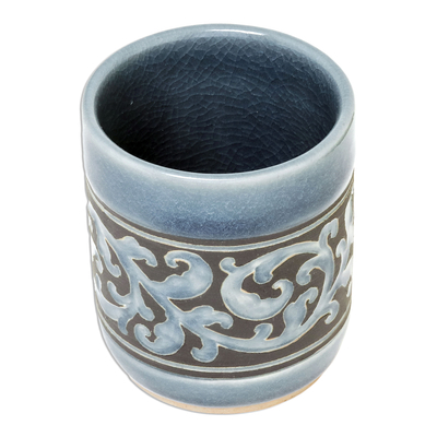 Celadon ceramic teacup, 'Blue Kanok' - Ornate Blue Celadon Ceramic Teacup from Thailand